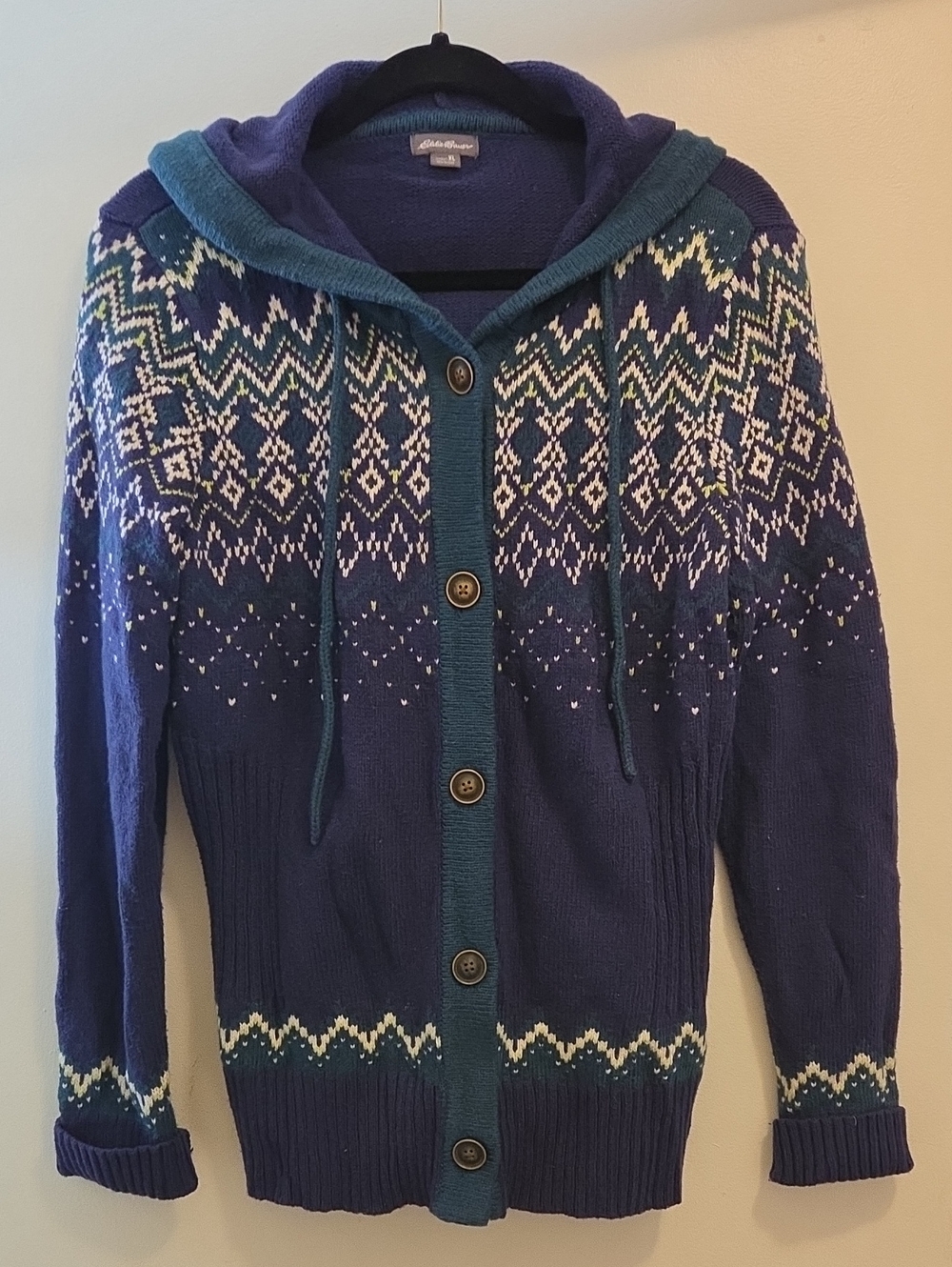 Eddie Bauer Blue & Teal Fair Isle Hooded Cardigan